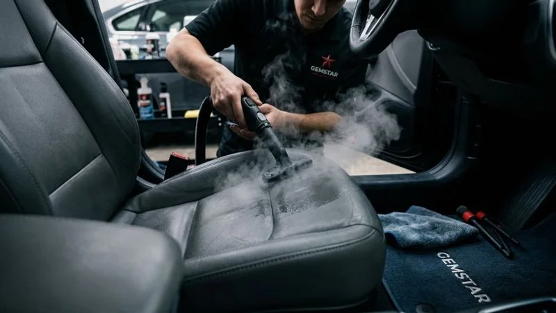 Before and after interior detailing comparison showing clean seats and carpets