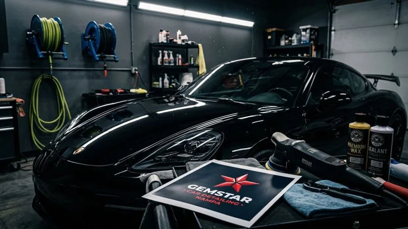 Completed specialty vehicle detail showing clean RV and motorcycle