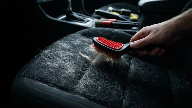 Industrial vacuum extracting pet hair from vehicle carpet and seats