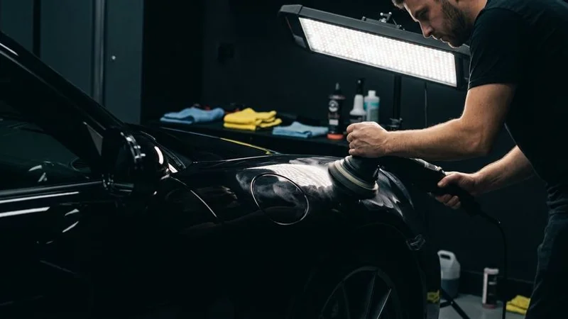 Paint correction polishing machine in action on car hood