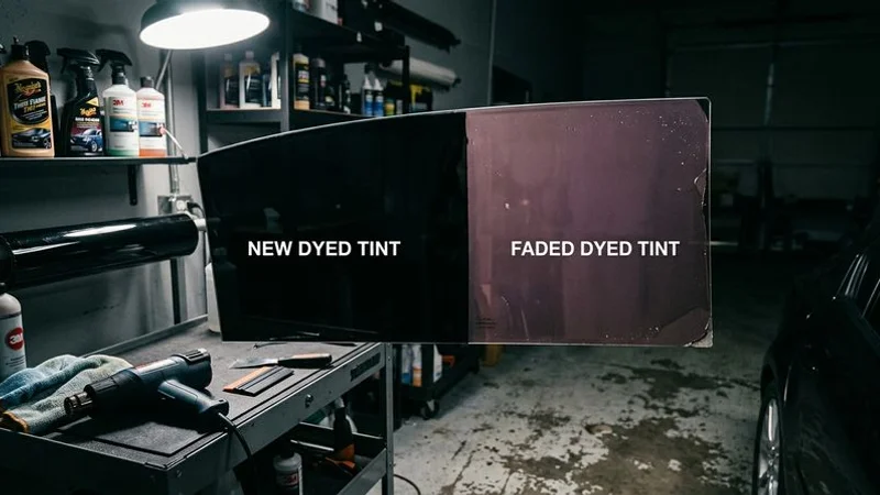 Comparison of new and faded dyed window tint