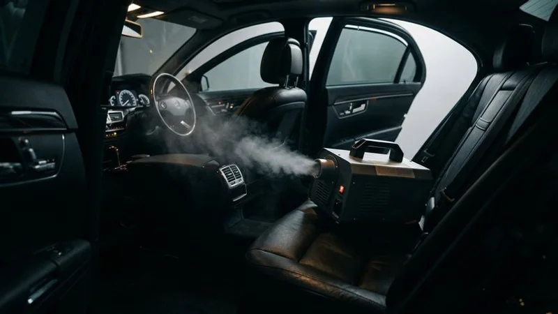 Technician assessing odor source inside vehicle cabin