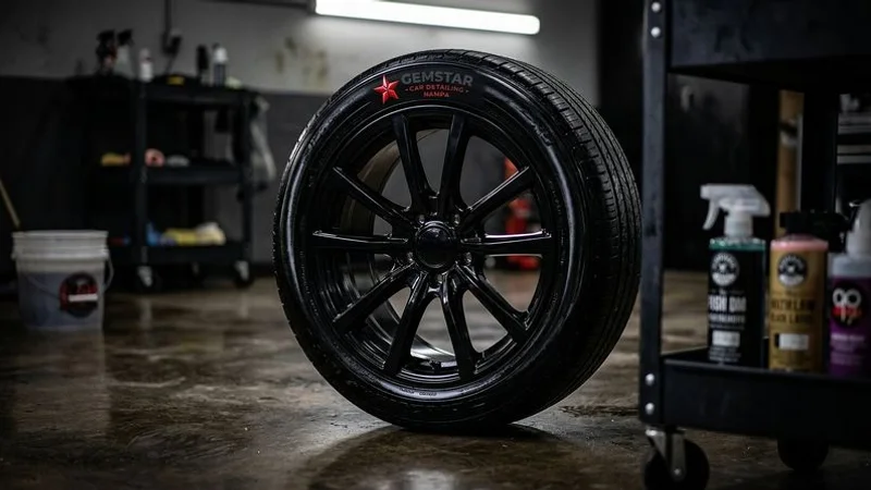 Detailed wheel and tire cleaning with specialized brushes